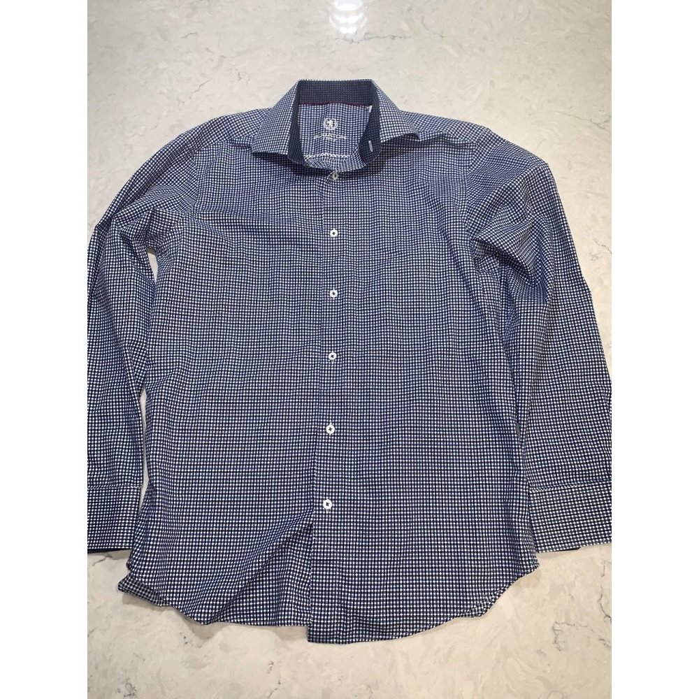 Bugatchi Uomo Men Button Up Flip Cuff Dress Shirt Blue White Plaid 16 34/35
